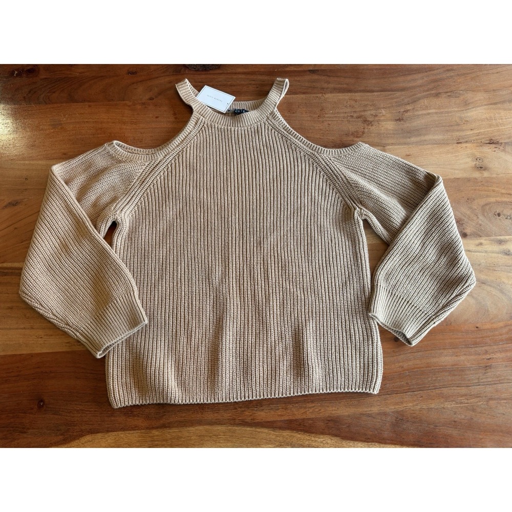 1.State Womens Ribbed Cold Shoulder Latte Turtleneck Sweater Top XL NWT